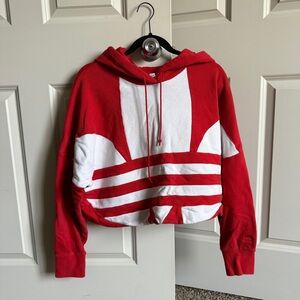 Red and White Adidas Cropped Hoodie